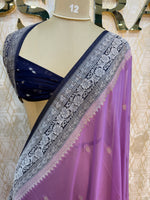 Lilac n Navy Blue With Silver Zari Semi Chiffon