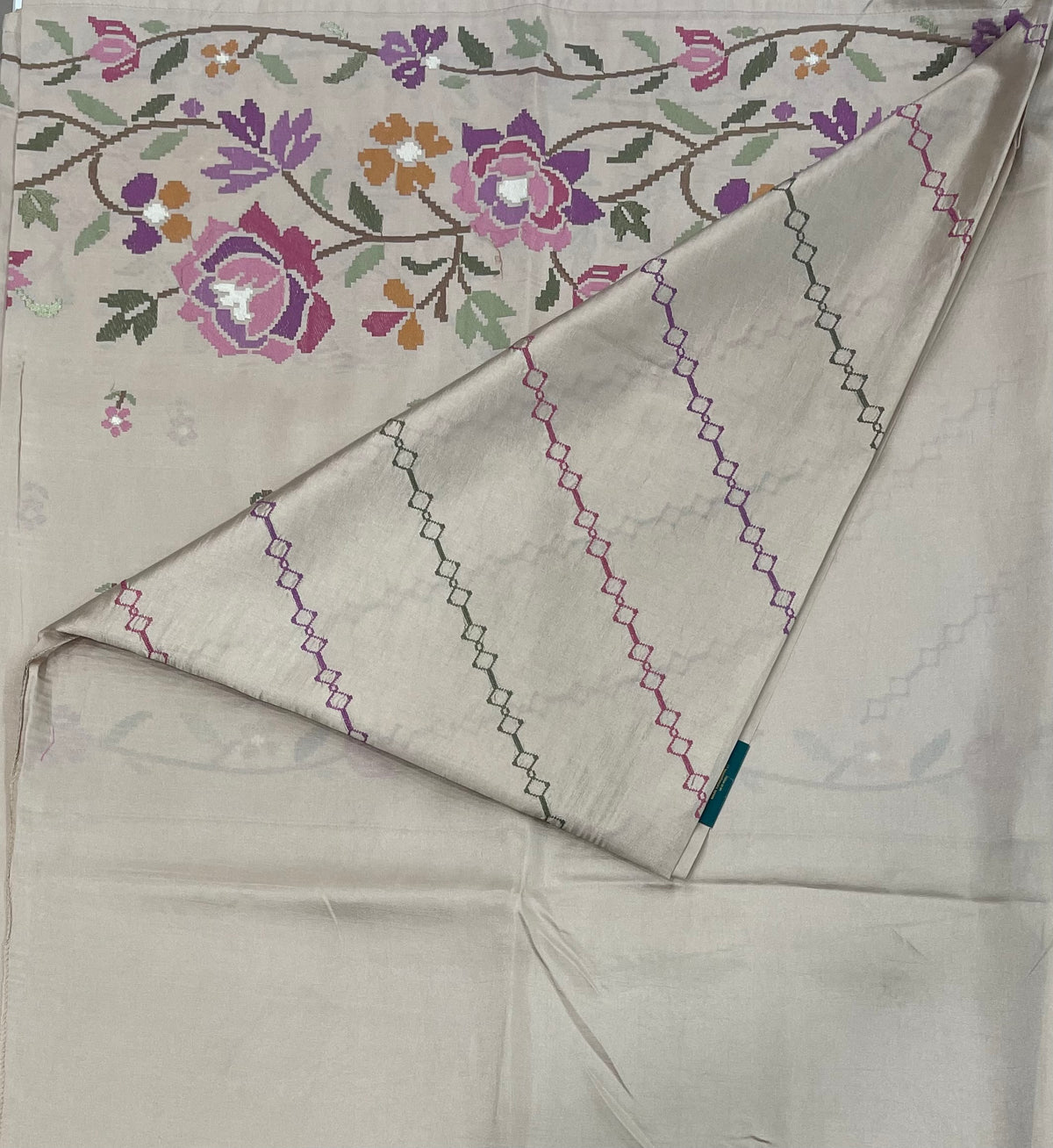 Beige Soft Tussur Cross Stitch Embroidery Saree 21