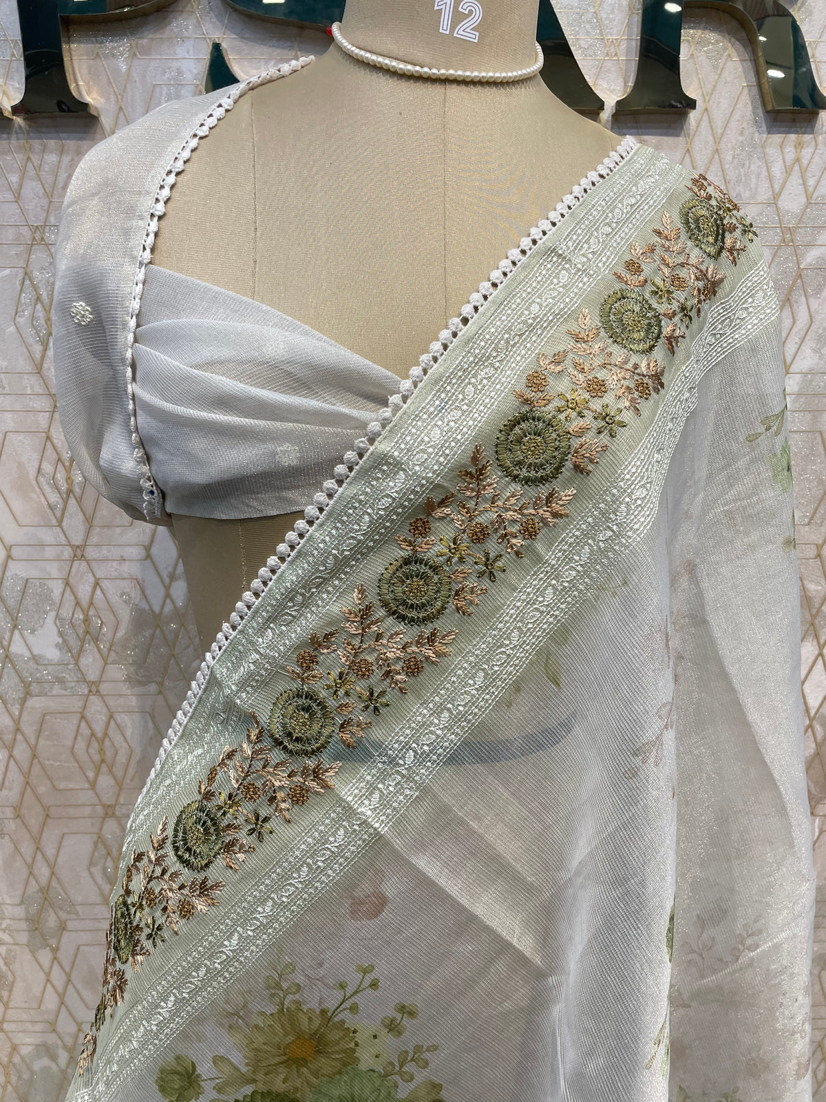 White n Green Soft Tissue Embroidery With Floral Print Saree 64