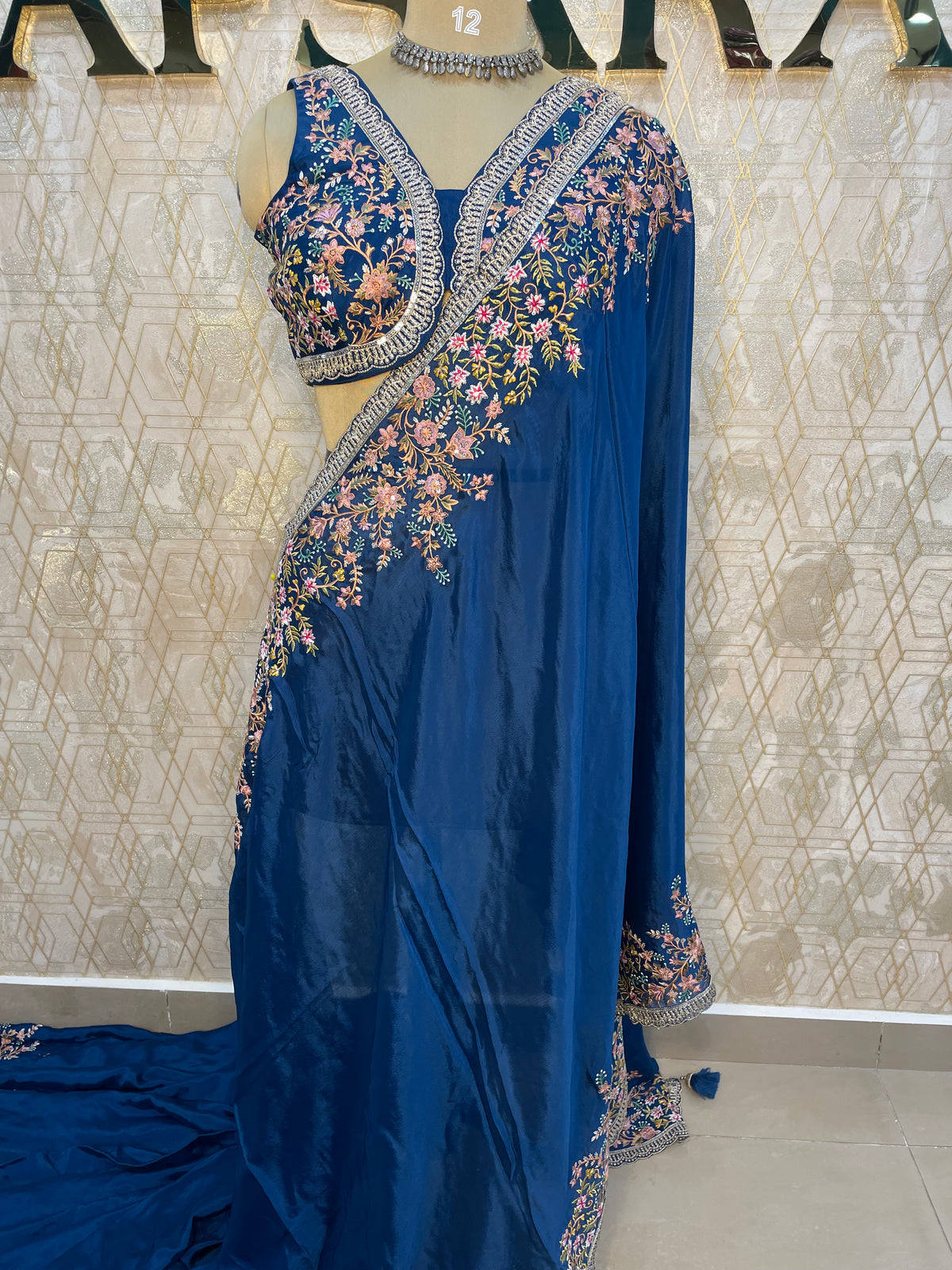 Blue Handwork Stitched Blouse Designer Party Saree 55