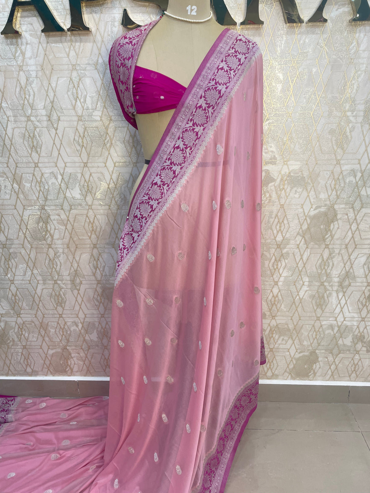 Pink With Silver Zari Semi Chiffon
