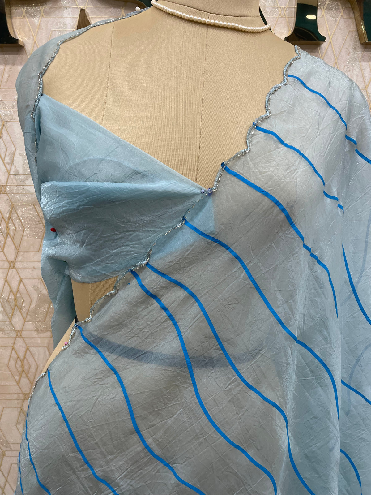Pastel Blue Crush Tissue Hand Painted Saree 27