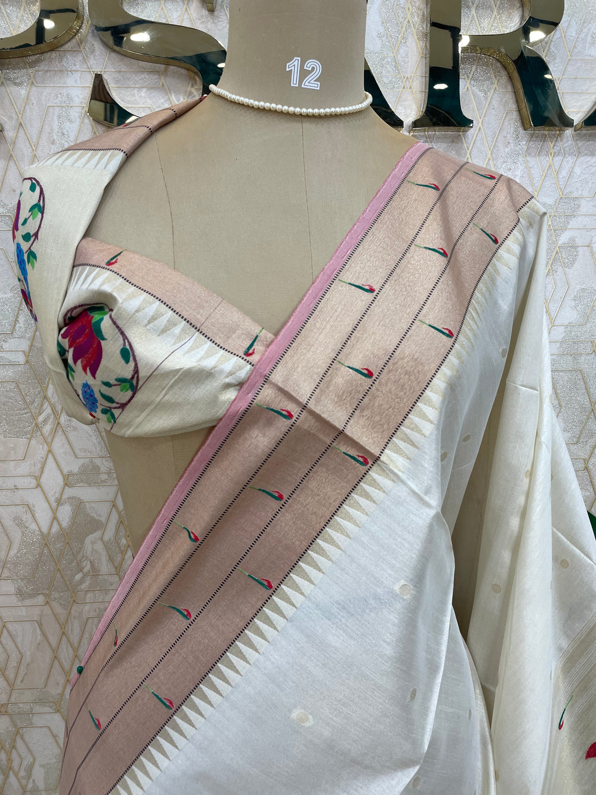 White Pink Raw Silk Paithani Work Saree 71