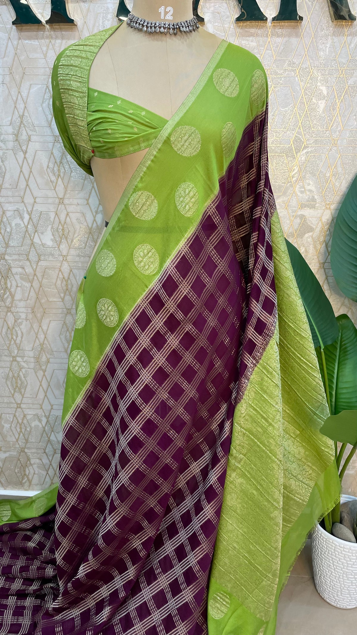 Purple n Green Banarasi Chiffon Saree 97
