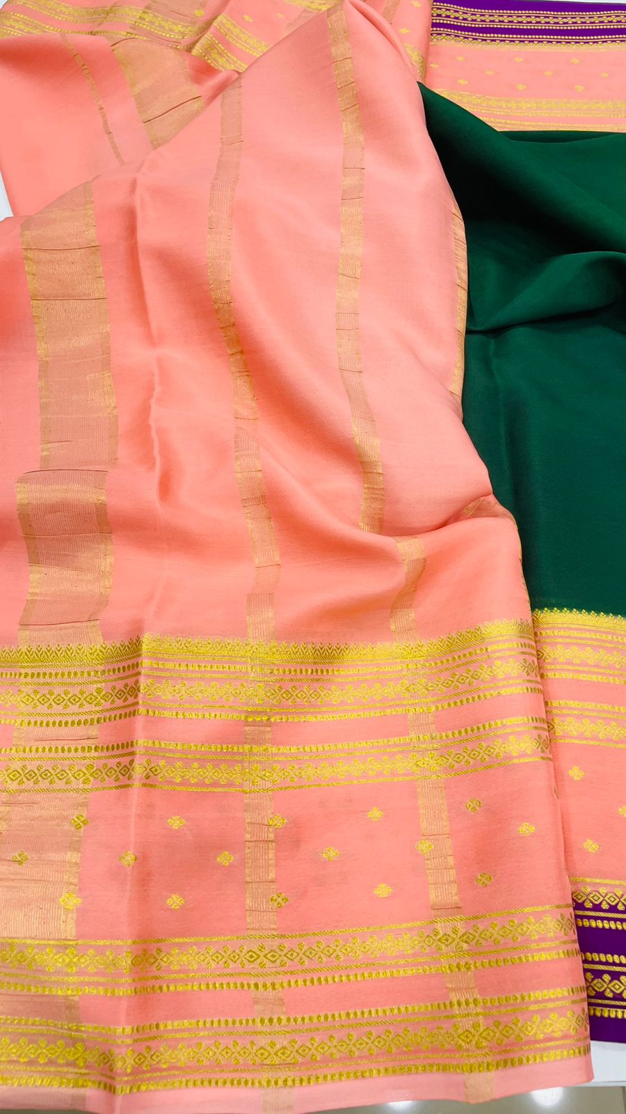 Bottle Green n Peach 3D Pure Mysore Silk Crepe Saree 01
