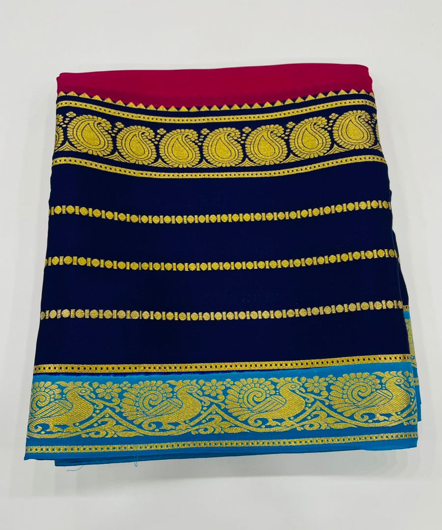 Rani Pink n Dark Blue 3D Pure Mysore Silk Crepe Saree 01