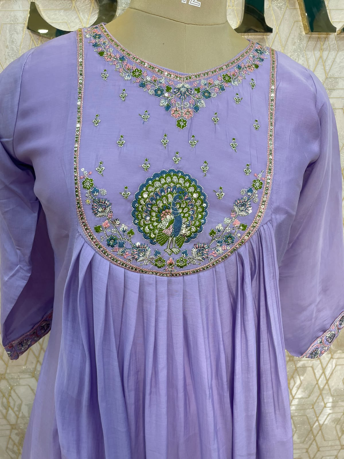 Lilac Mul Chanderi Silk Hand Embroidery Airline Alia Cut Kurtha 114