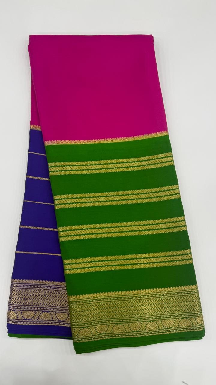 Pink 3D Stripes Pure Mysore Silk Crape Saree 01
