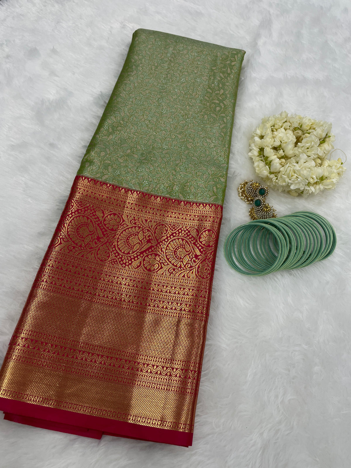 Green n Pink Brocade Semi Kanchi Tissue Saree
