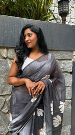 Black Lenin Cotton Floral Print Saree 19