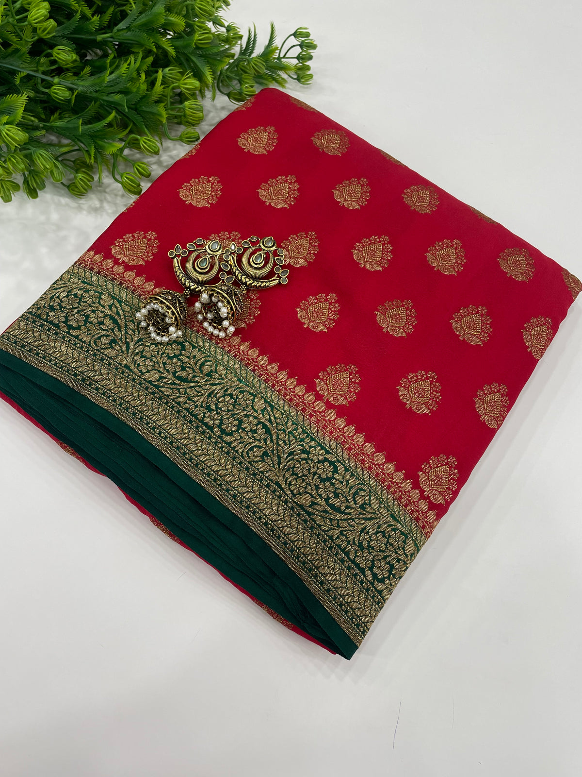 Red n Green Pure Banarasi Big Butta Crepe Saree 03