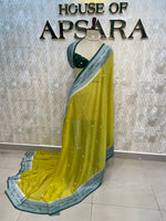 Yellow n Green With Silver Zari Semi Chiffon