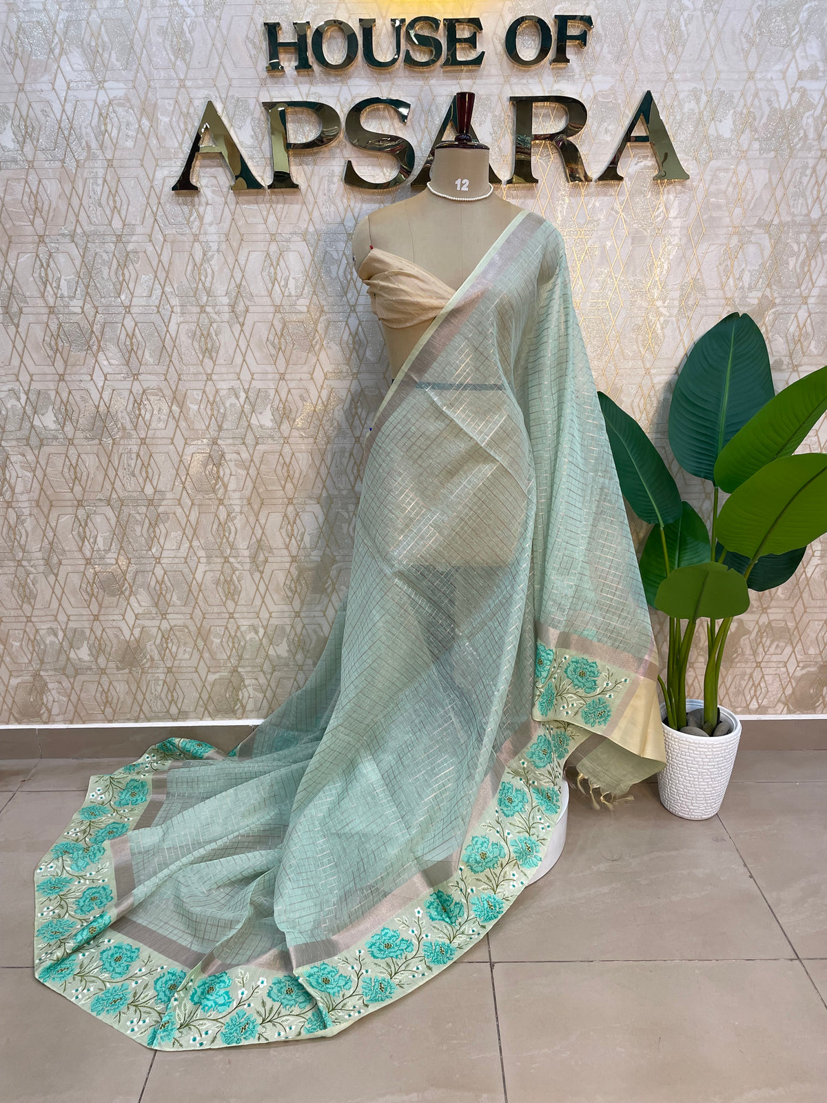 Sea Green Cotton Tussur Petite Point Embroidery Saree 209