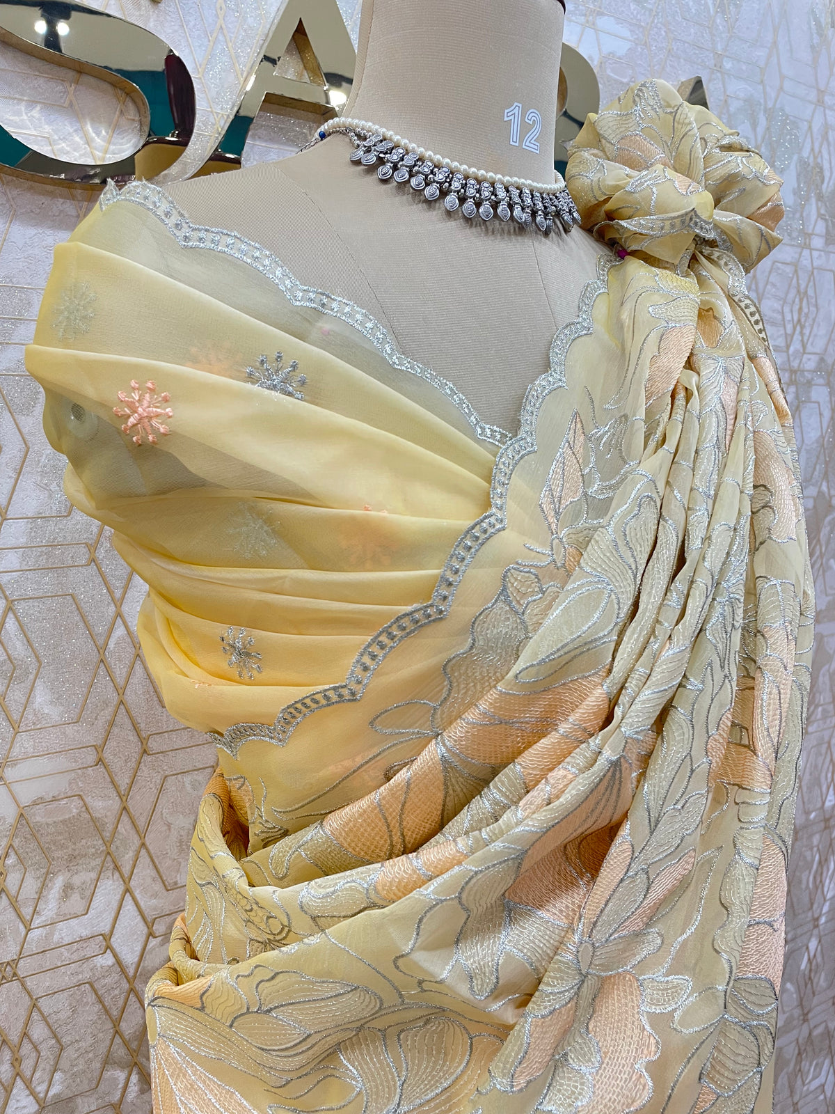 Yellow Tissue Floral Embroidery Saree 29