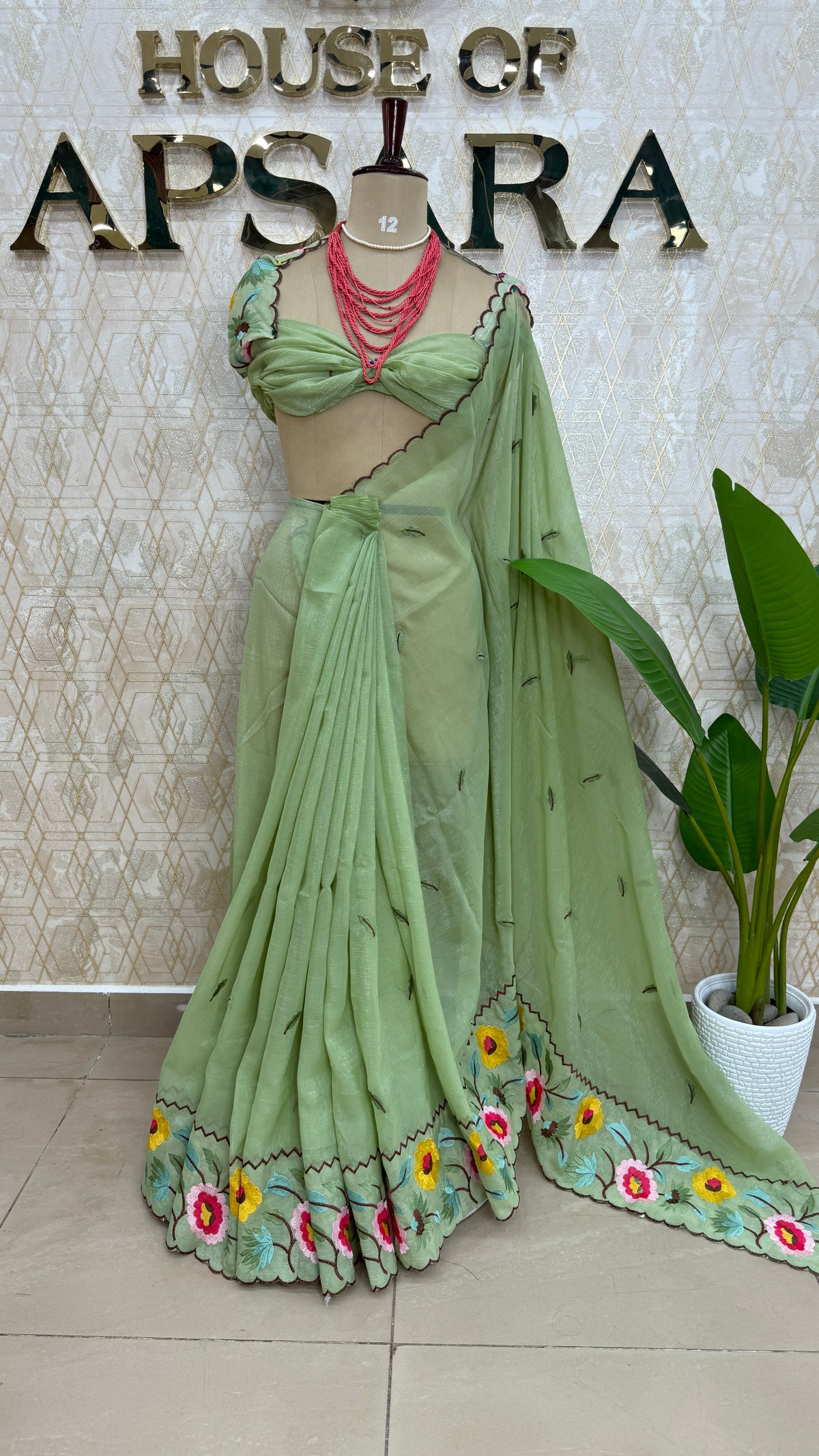 Pista Green Soft Crush Tissue Sunflower Embroidery Work Saree 301
