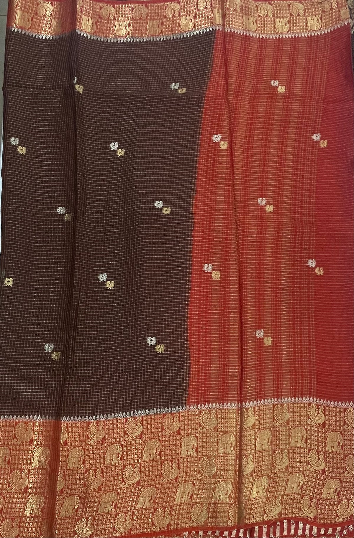 Brown n Orange Checks Cotton Silk Saree 13