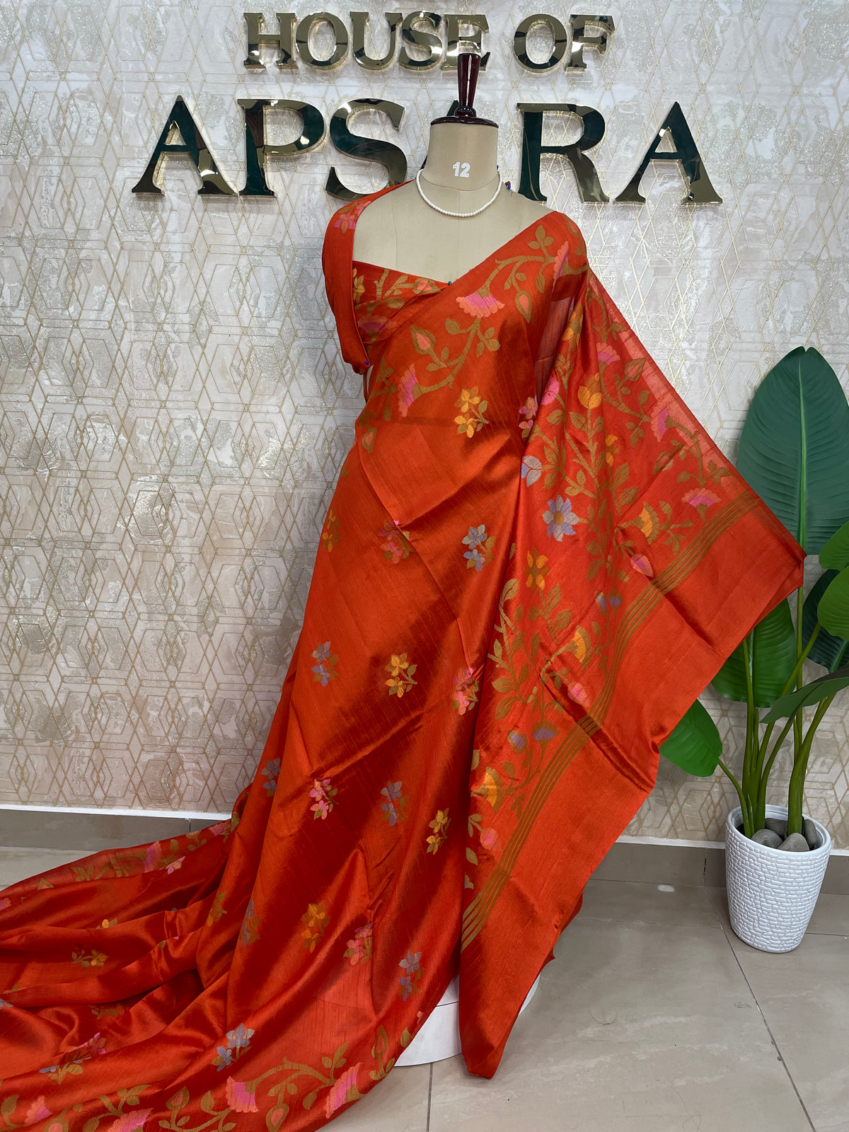 Orange Tussar Jamdani saree 318