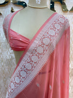 Peach With Silver Zari Semi Chiffon