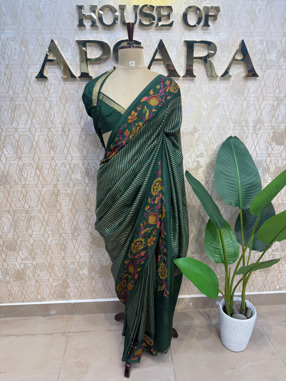 Green Crepe With Stripe Cross-stitch Embroidery Saree 207