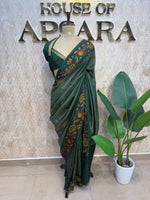 Green Crepe With Stripe Cross-stitch Embroidery Saree 207