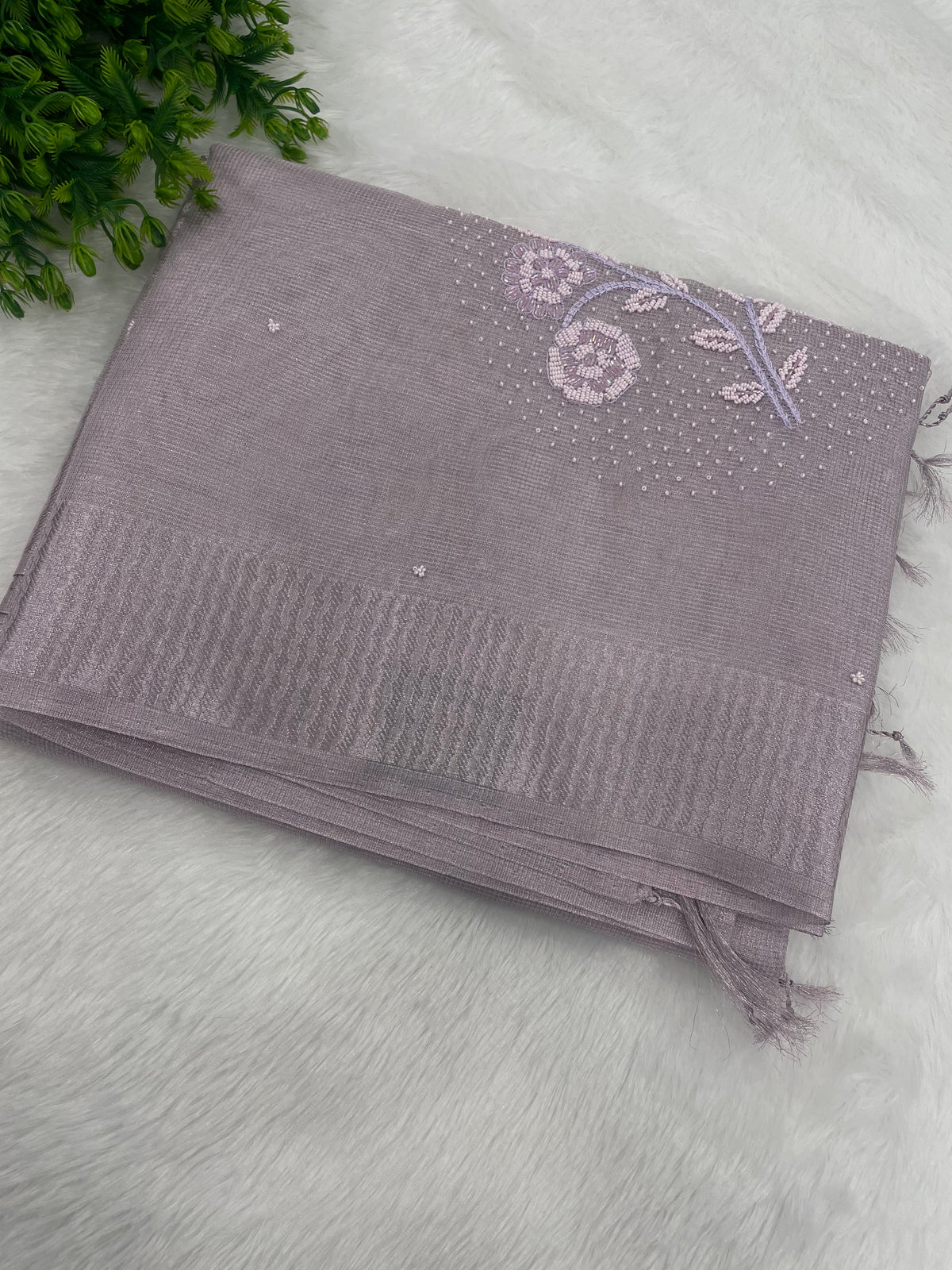 Baby Pink Designer Embroidery Work Tissue Saree 09