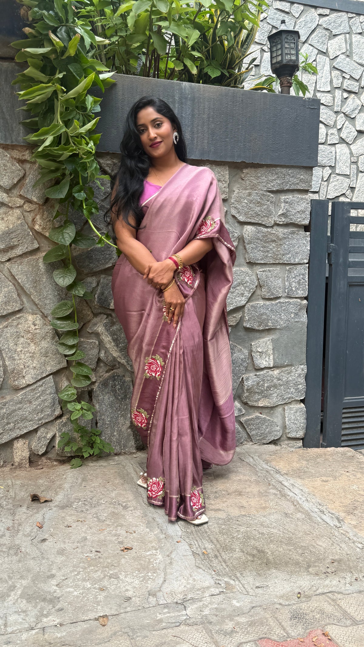 Dusty Pink Satin Silk Petite Point Embroidery Saree 305
