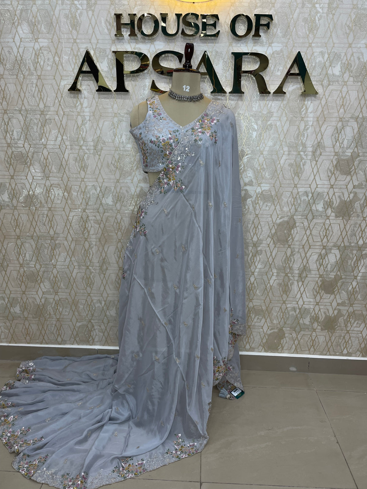Grey Handwork Stitched Blouse Designer Party Saree 55