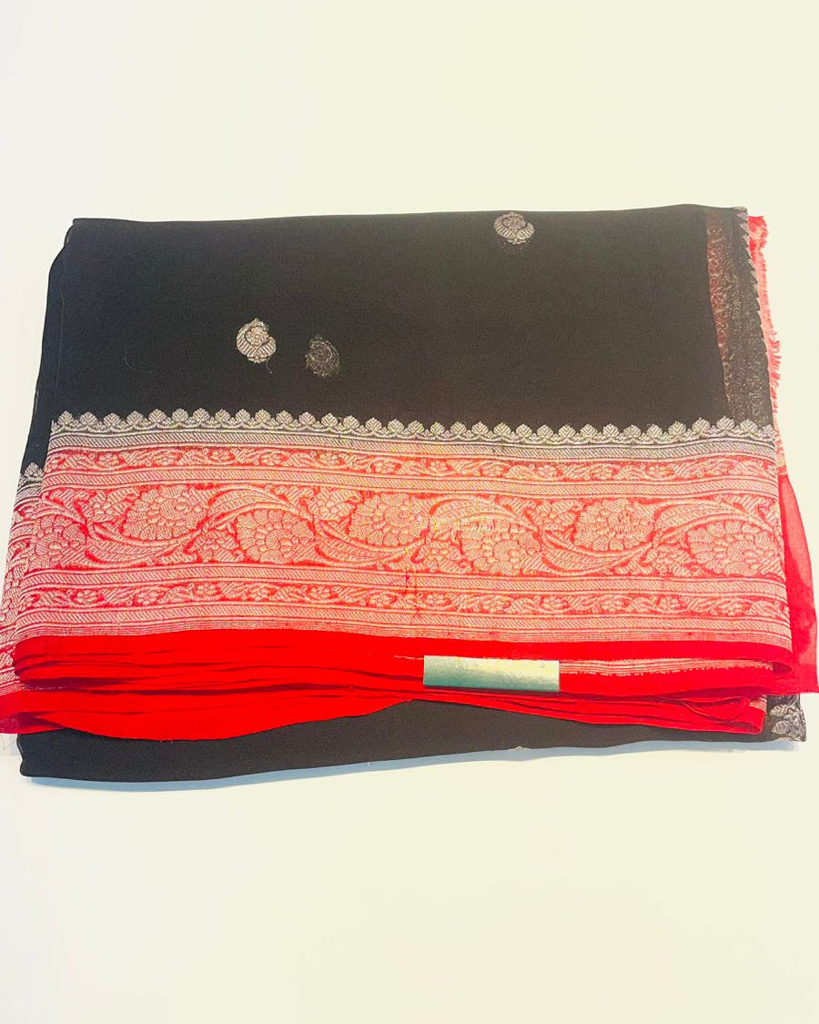 Black n Red With Silver Zari Pure Khaddi Chiffon