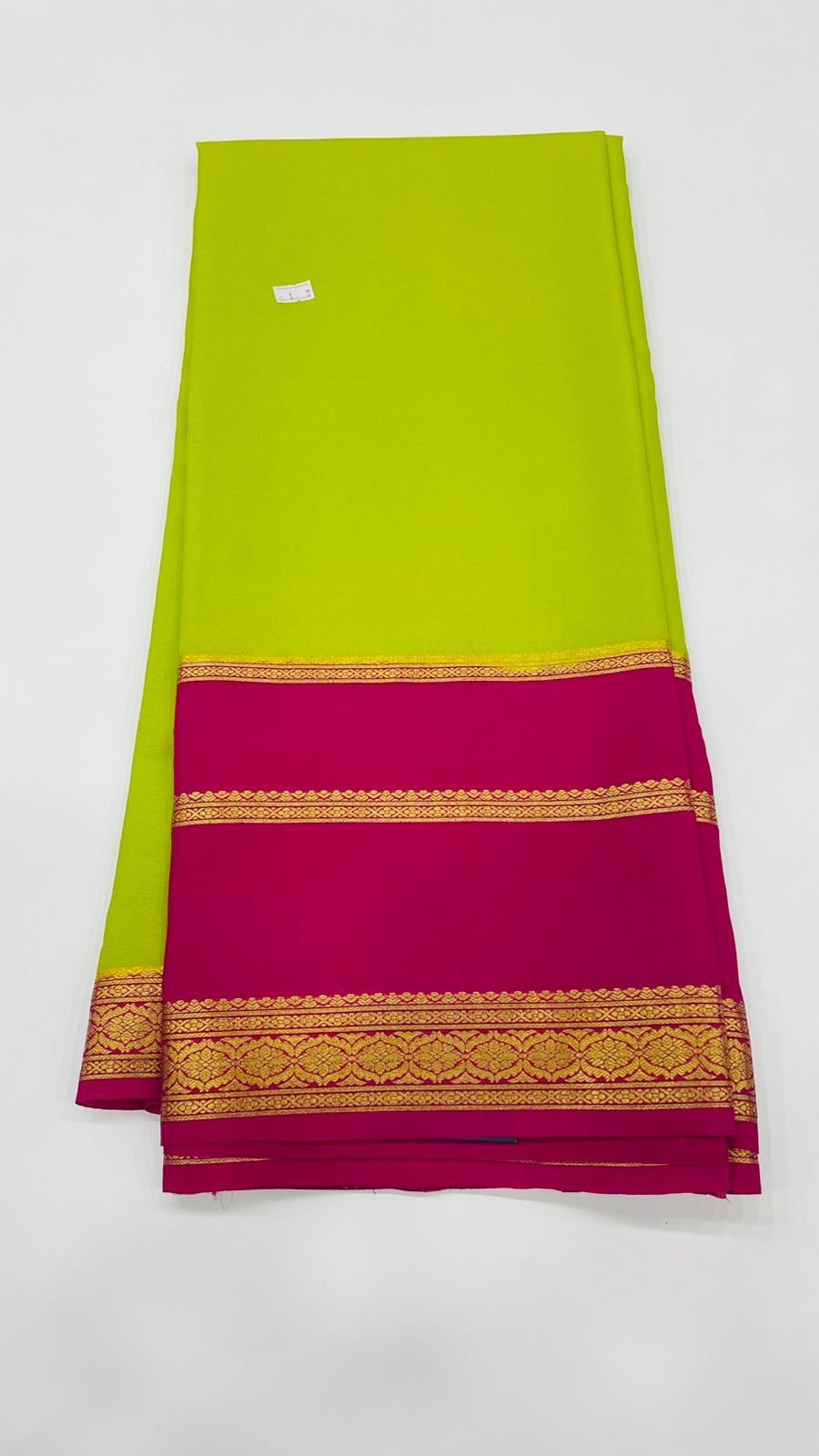 Parrot Green n Pink Pure Mysore Silk Crepe Saree 01