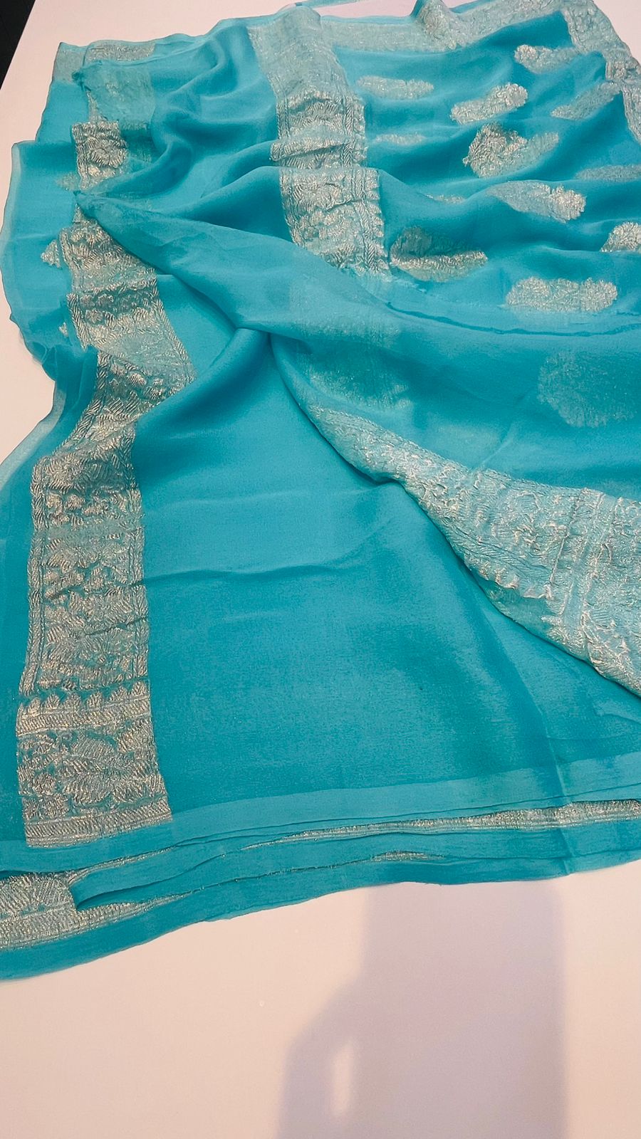 Sky Blue With Silver Zari Pure Khaddi Chiffon