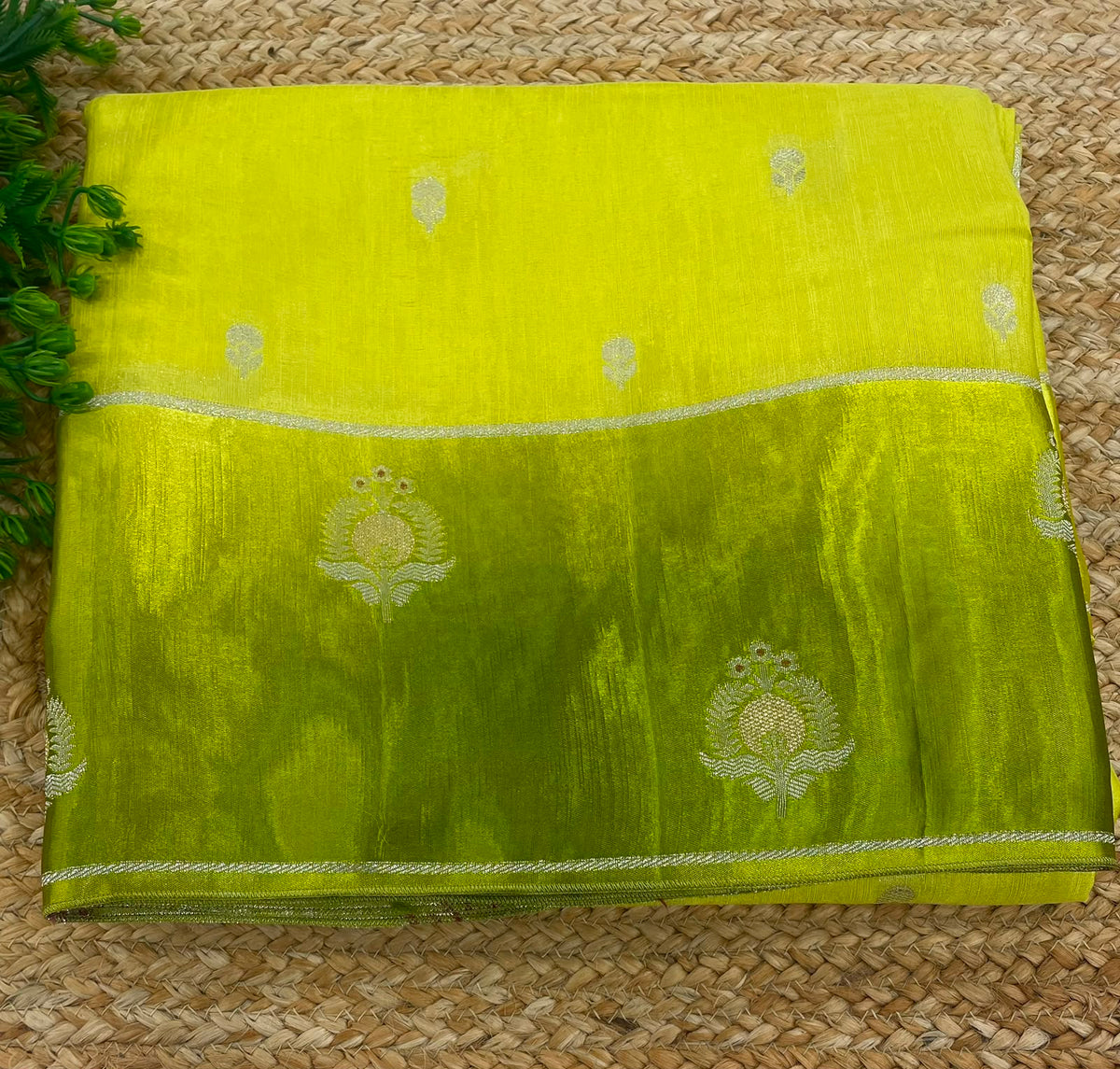 Neon Yellow n Green Matka Silk with Satin Border Saree 14