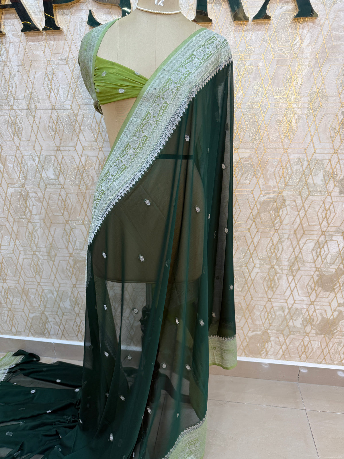 Bottle Green With Silver Zari Semi Chiffon
