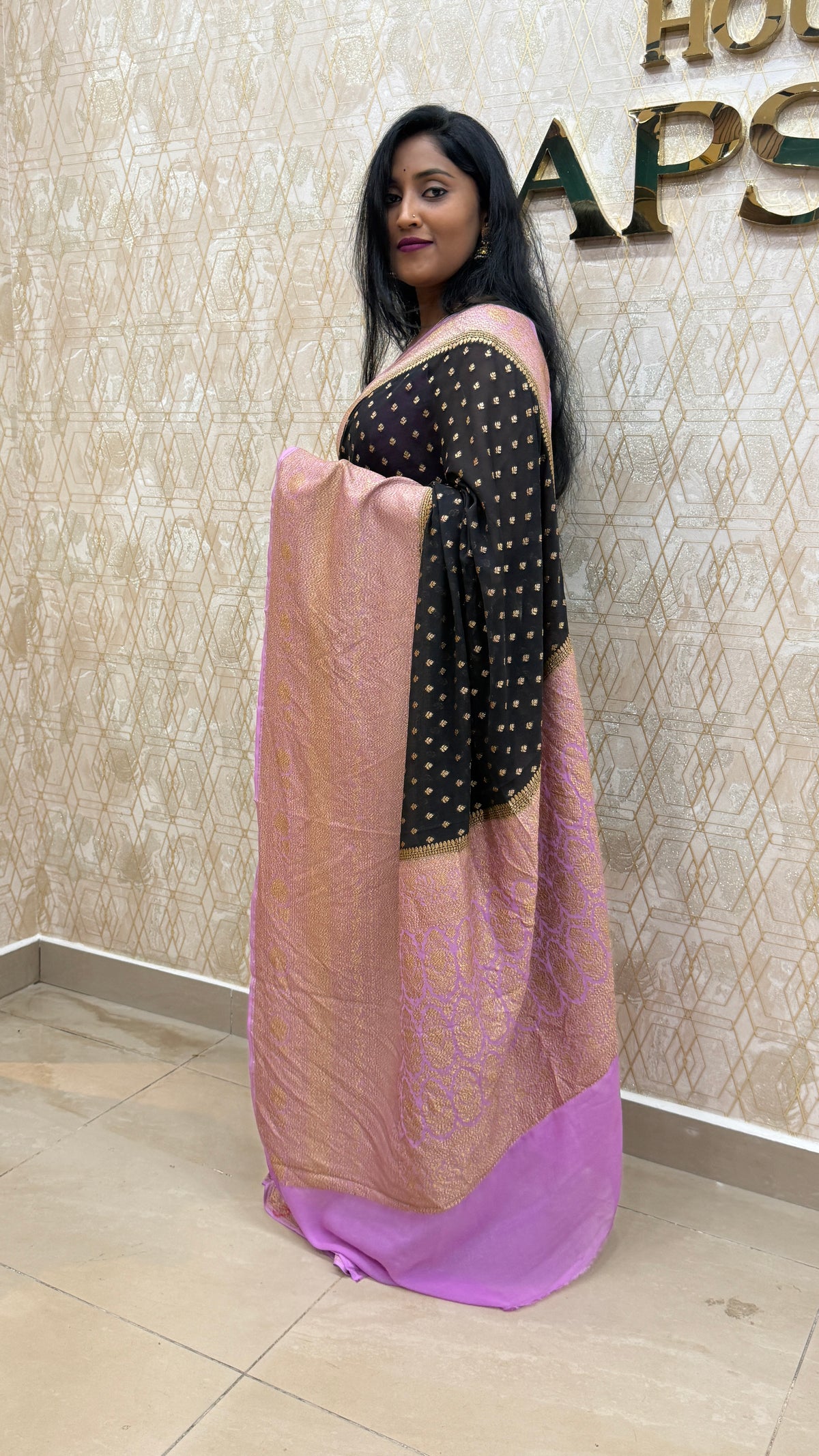 Black n Lailac Pure Khadi Georgette Saree 04