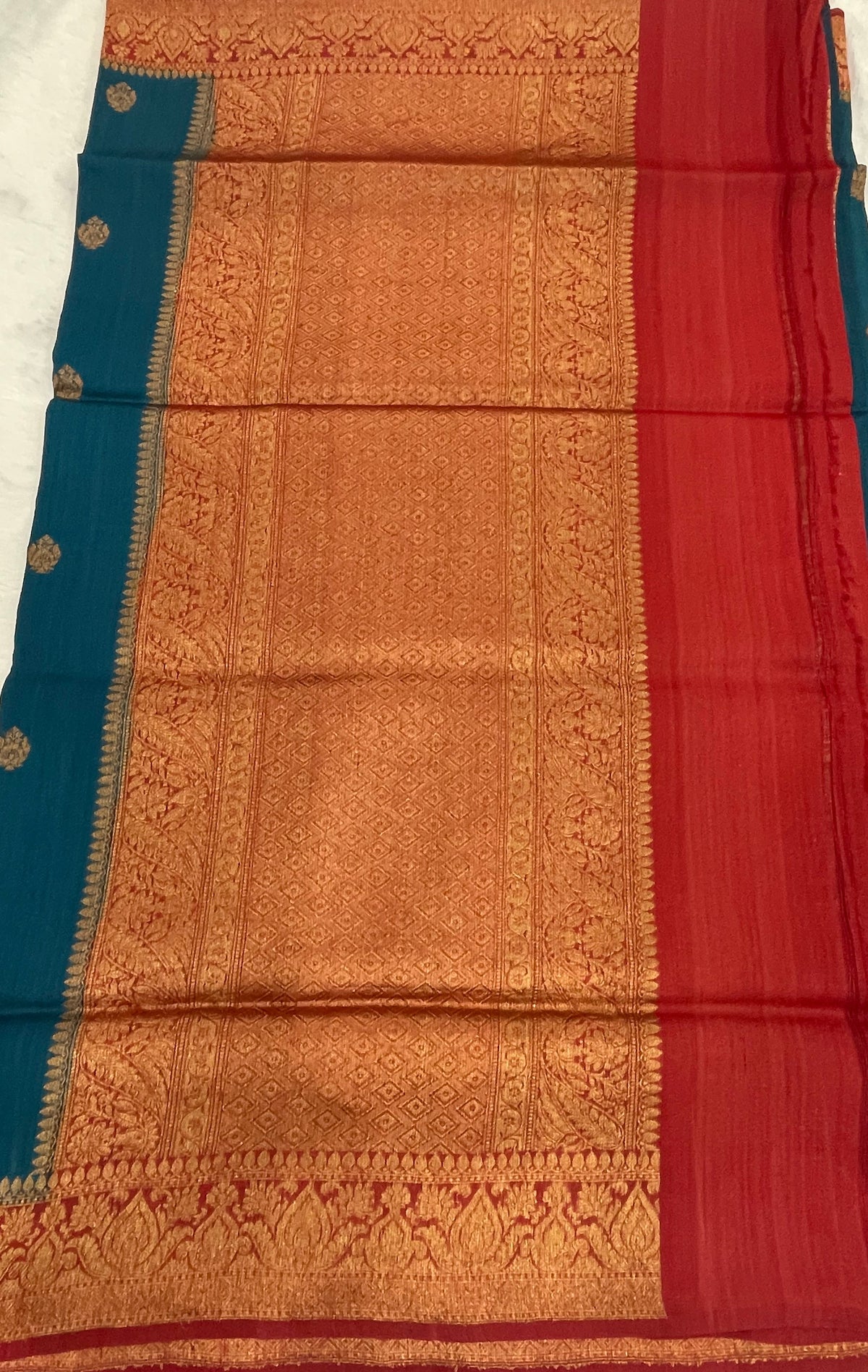 Peacock Blue Pure Tussur Handblom Saree 12