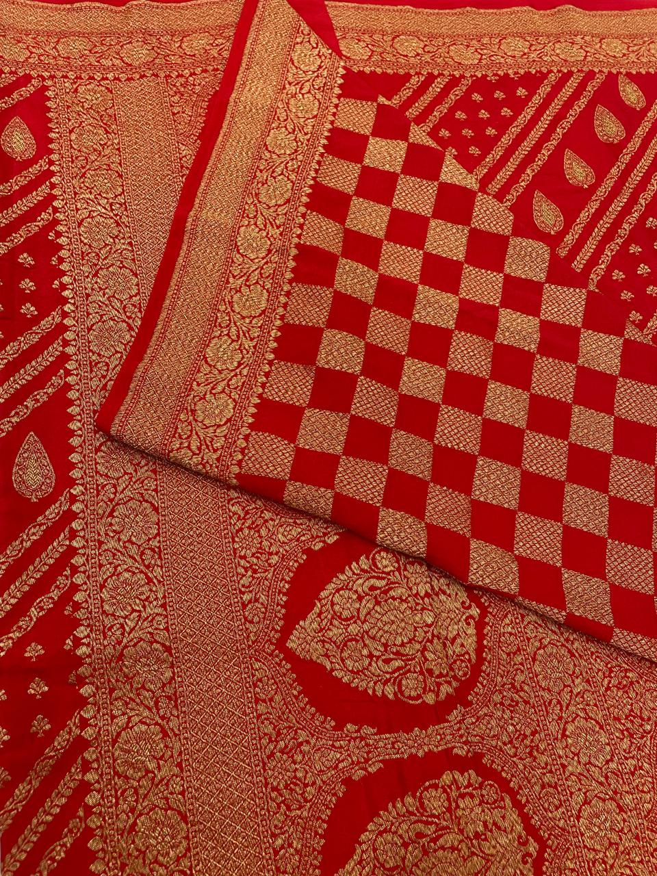 Red Pure Banarasi Crepe Self Saree 03