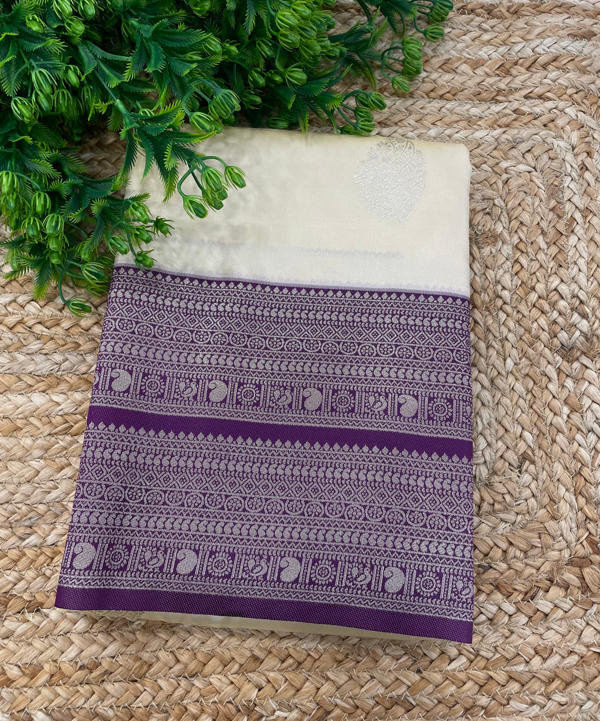 Cream n Purple Semi Silk Saree 42