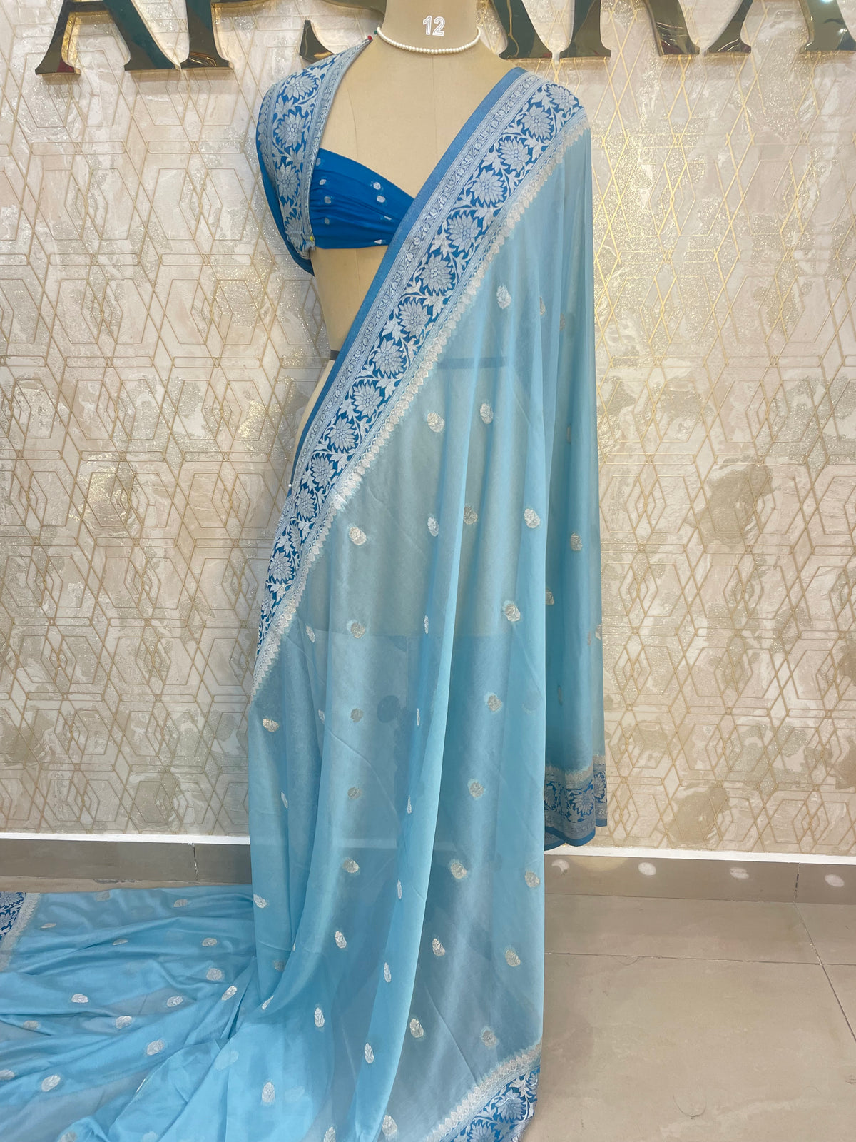 Blue With Silver Zari Semi Chiffon