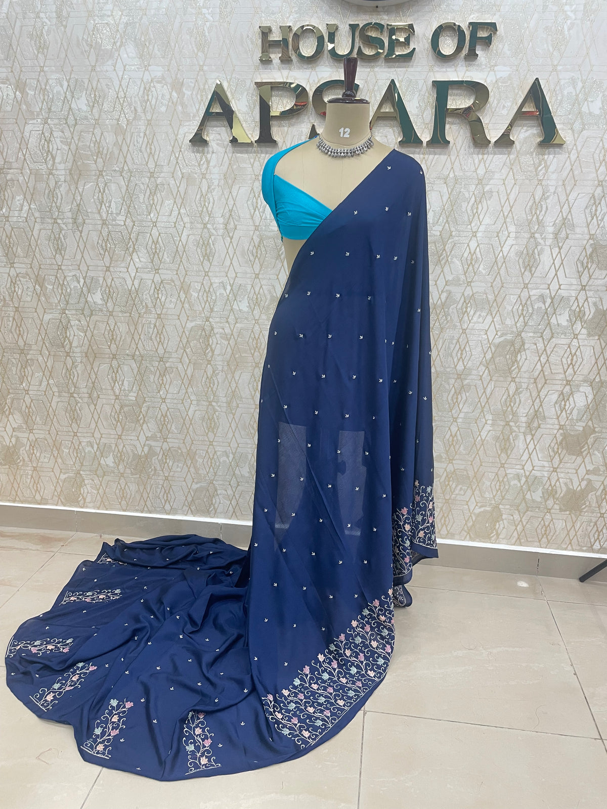 Navy Blue Chinon Zari Embroidery Saree 44