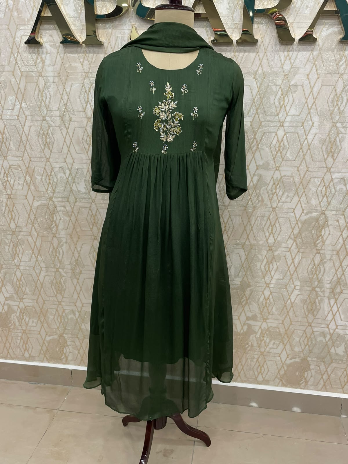 Green Chinnon Handwork Partyware Kurtha 112