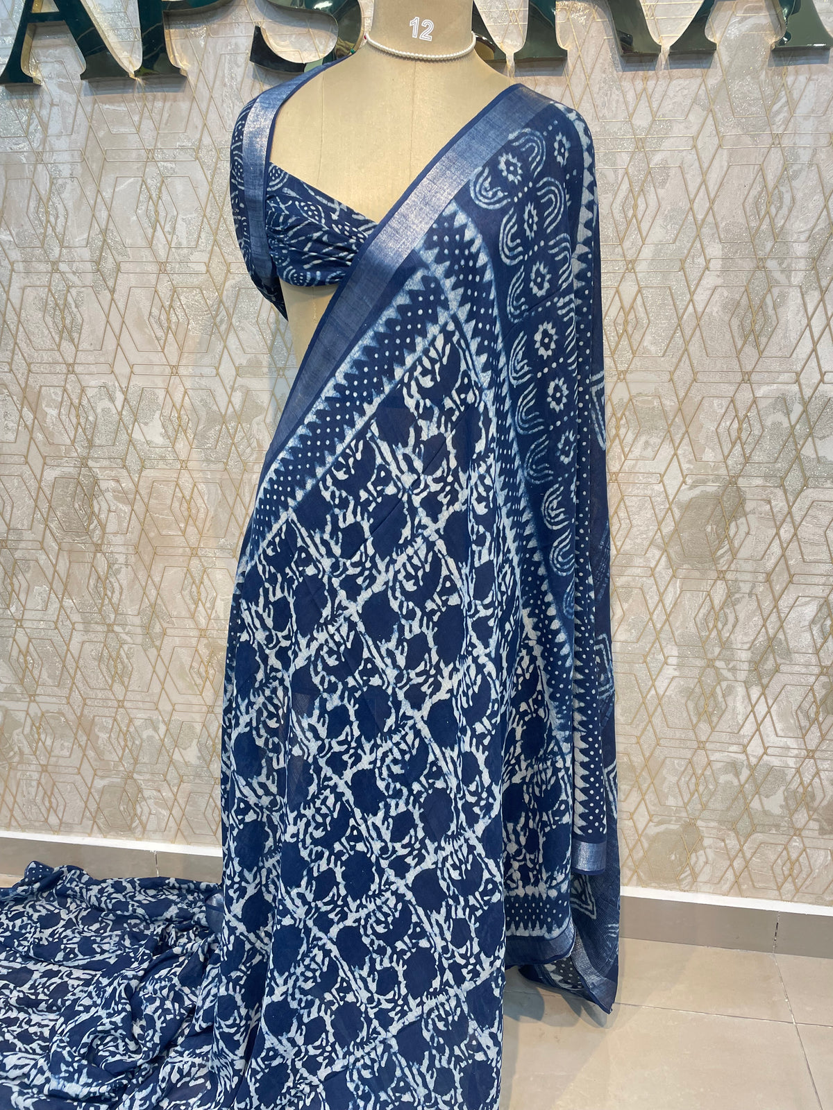 Navy Blue Batik Print Lenin Saree 67