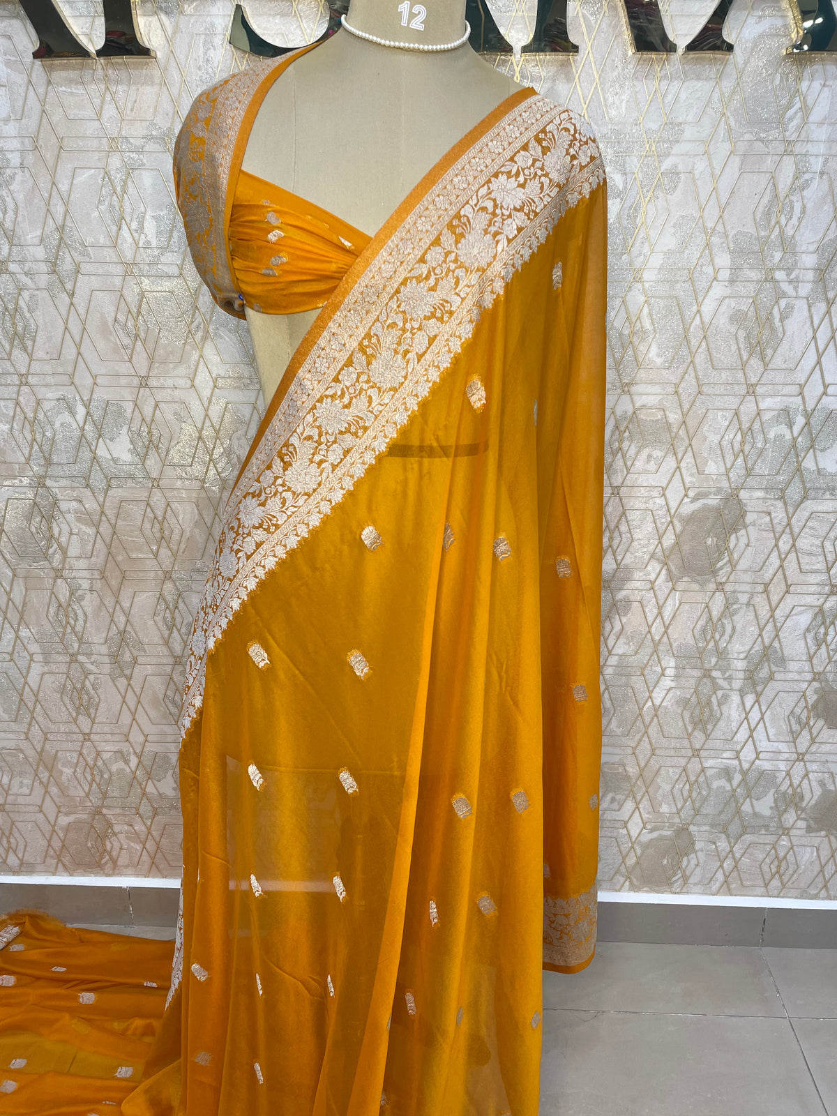 Yellow With Silver Zari Semi Chiffon