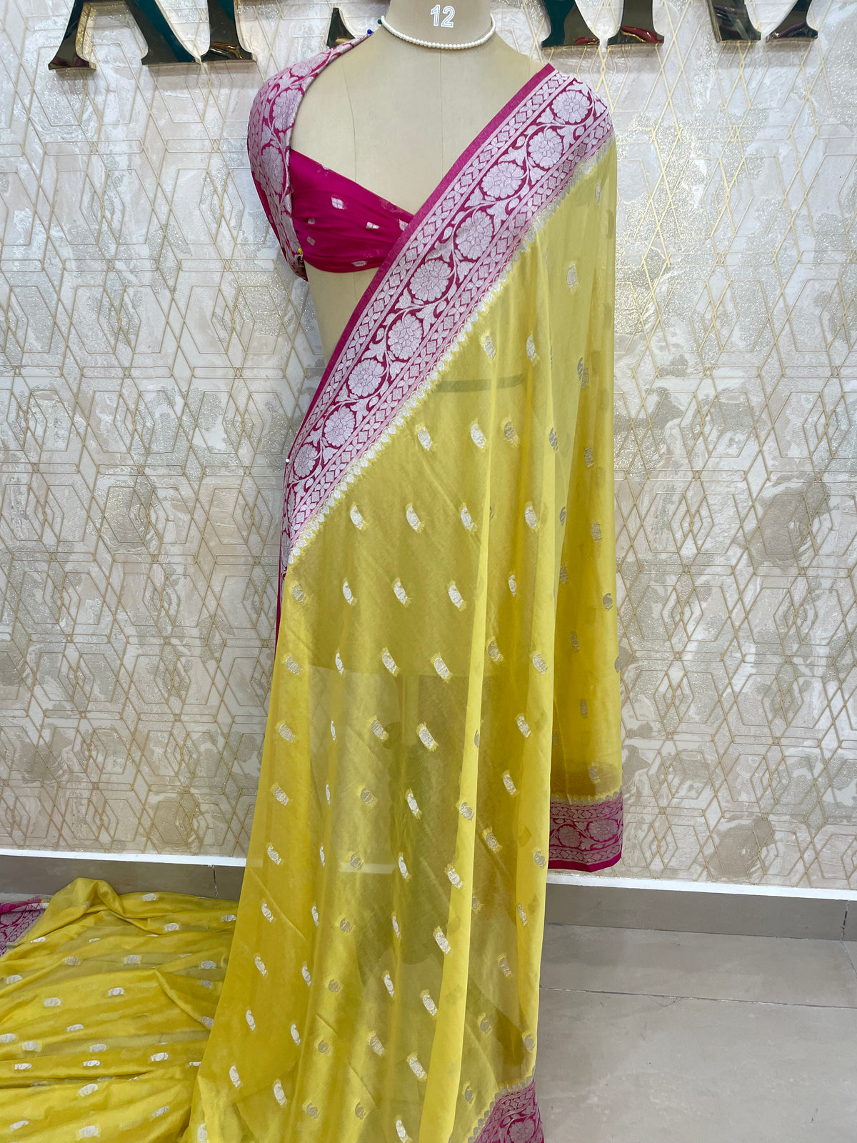 Yellow n Pink With Silver Zari Semi Chiffon