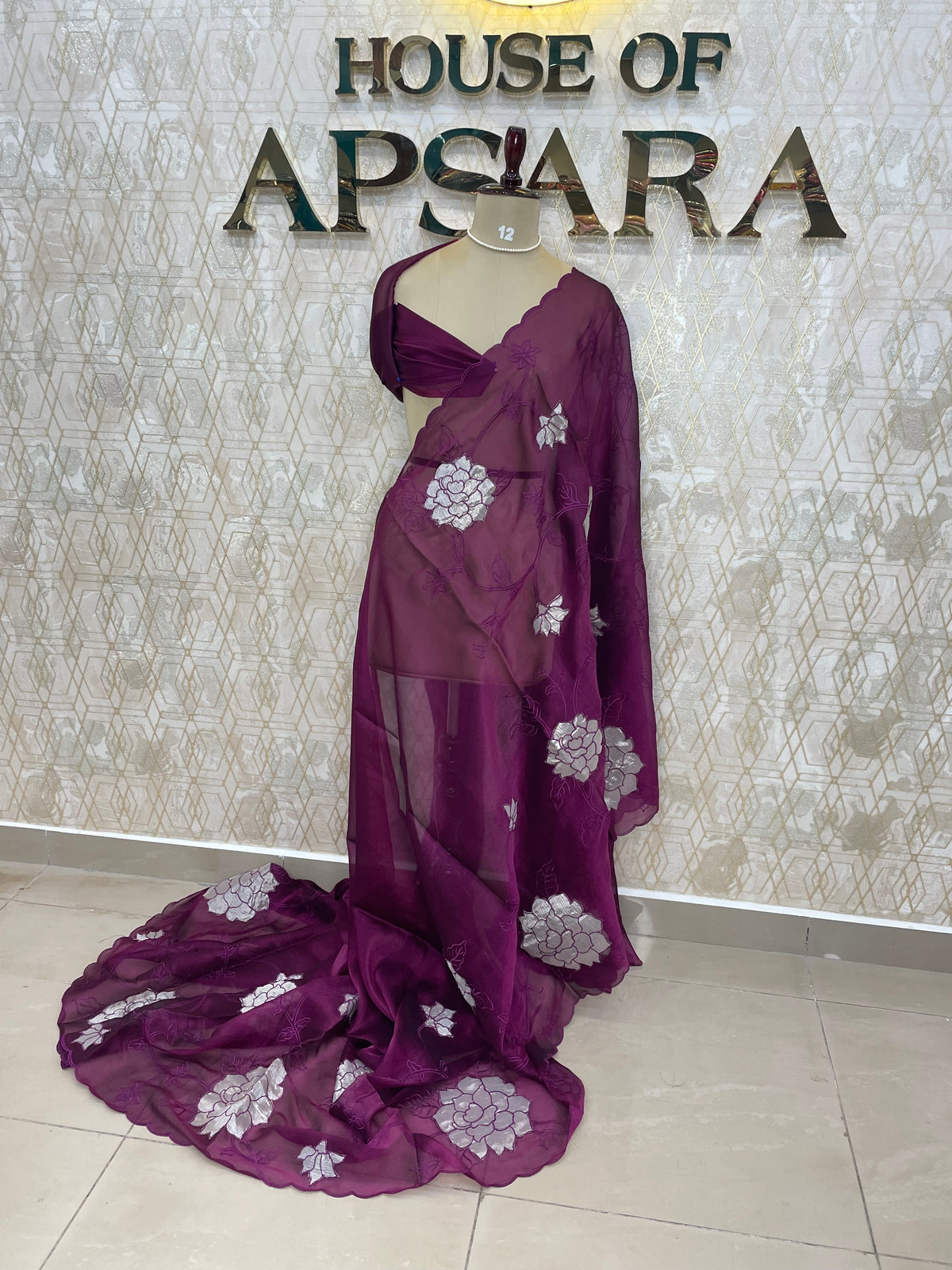 Wine Organza Aplique Embroidery Saree 29