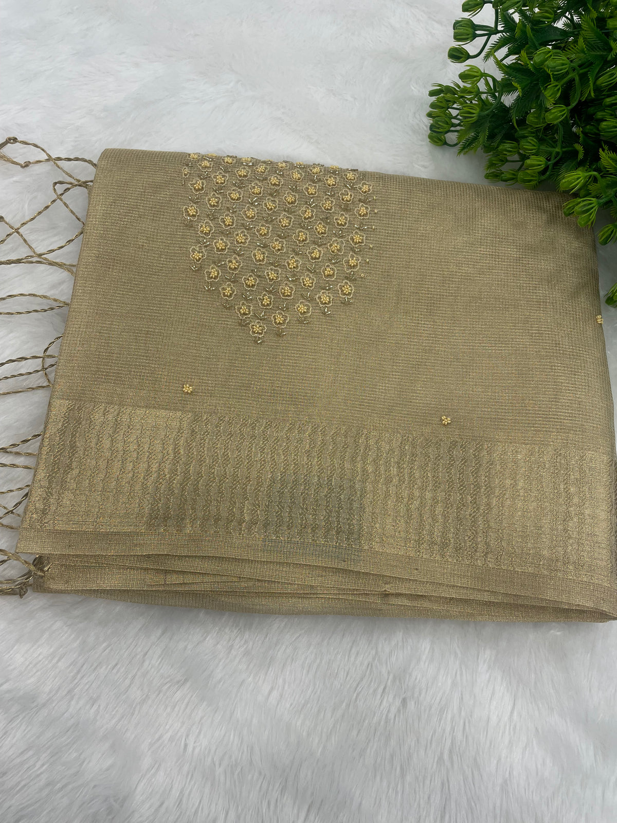 Gold Designer Embroidery Work Tissue Saree 09