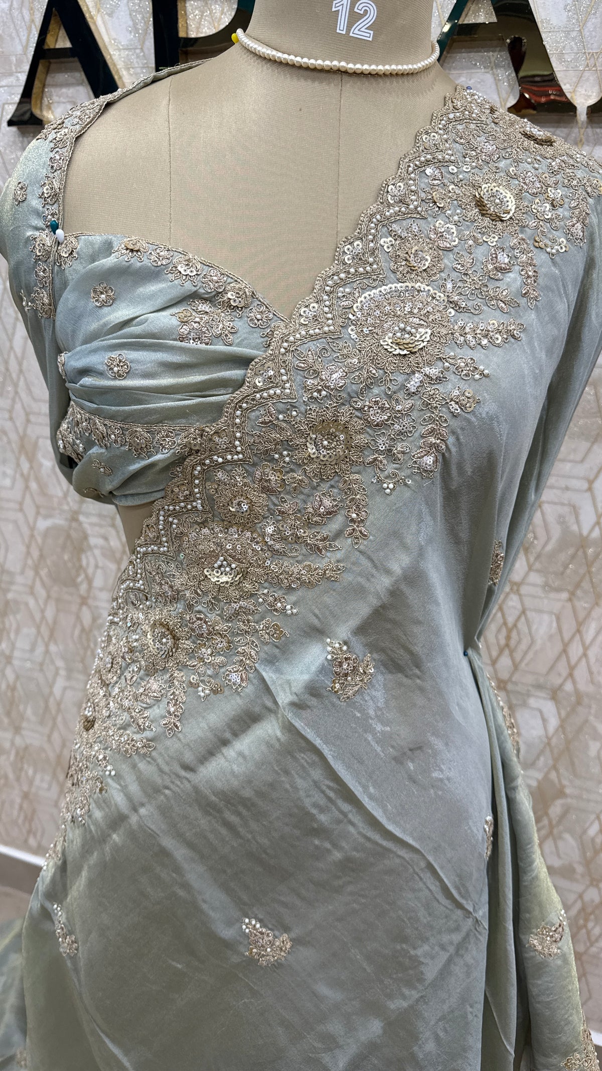 Mint Grey Shimmer Designer Saree