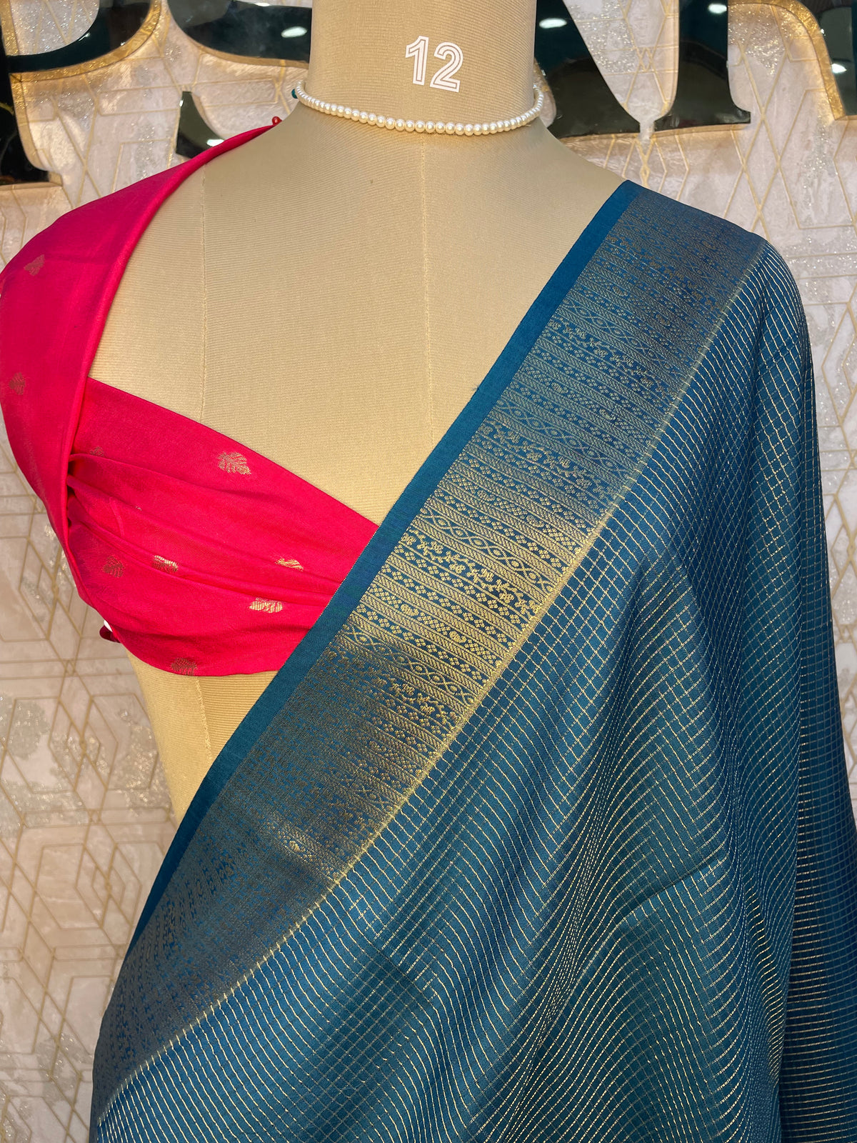 Peacock Blue Checks Crepe Silk Saree 74