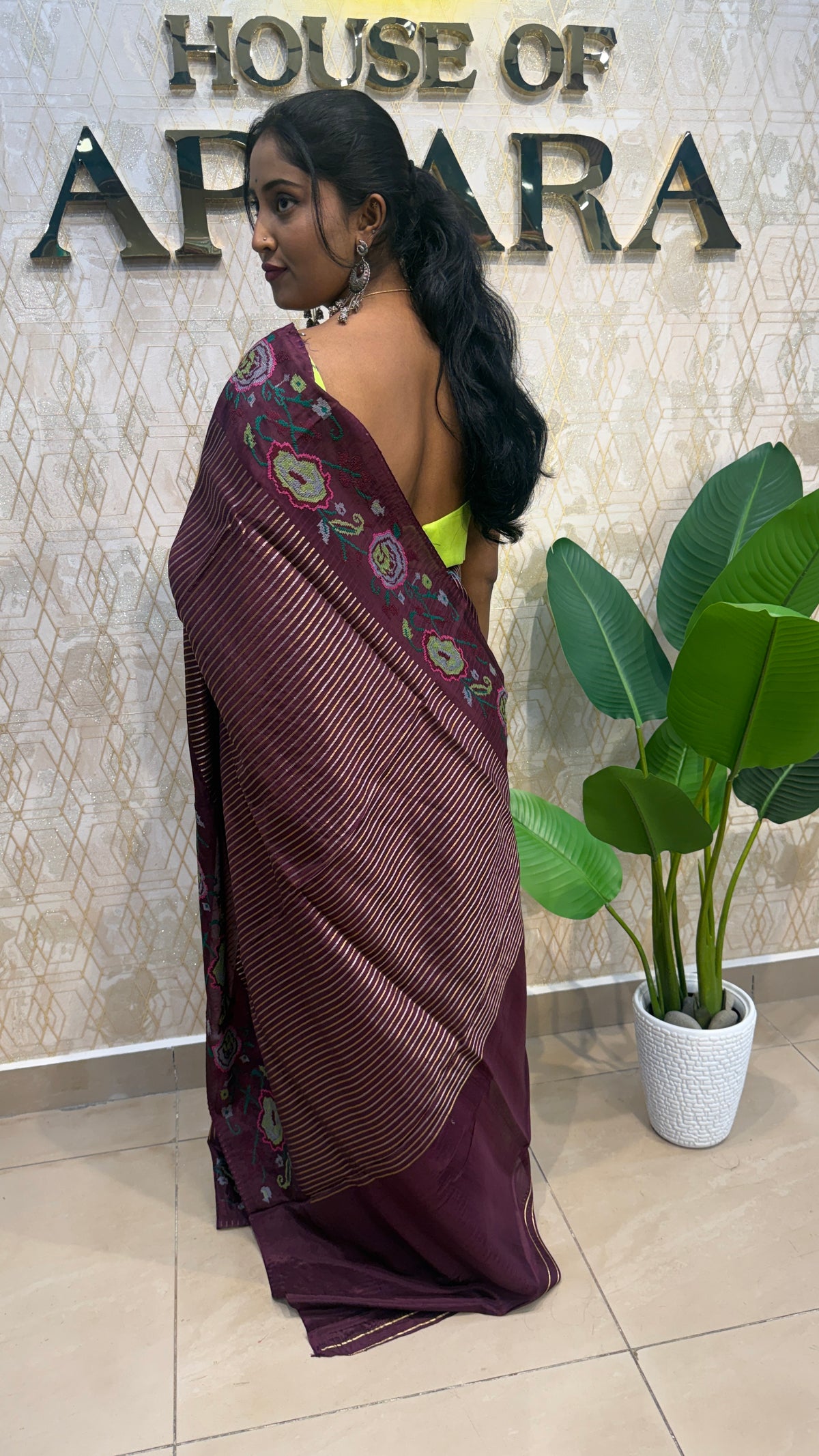 Maroon Crepe With Stripe Cross-stitch Embroidery Saree 207