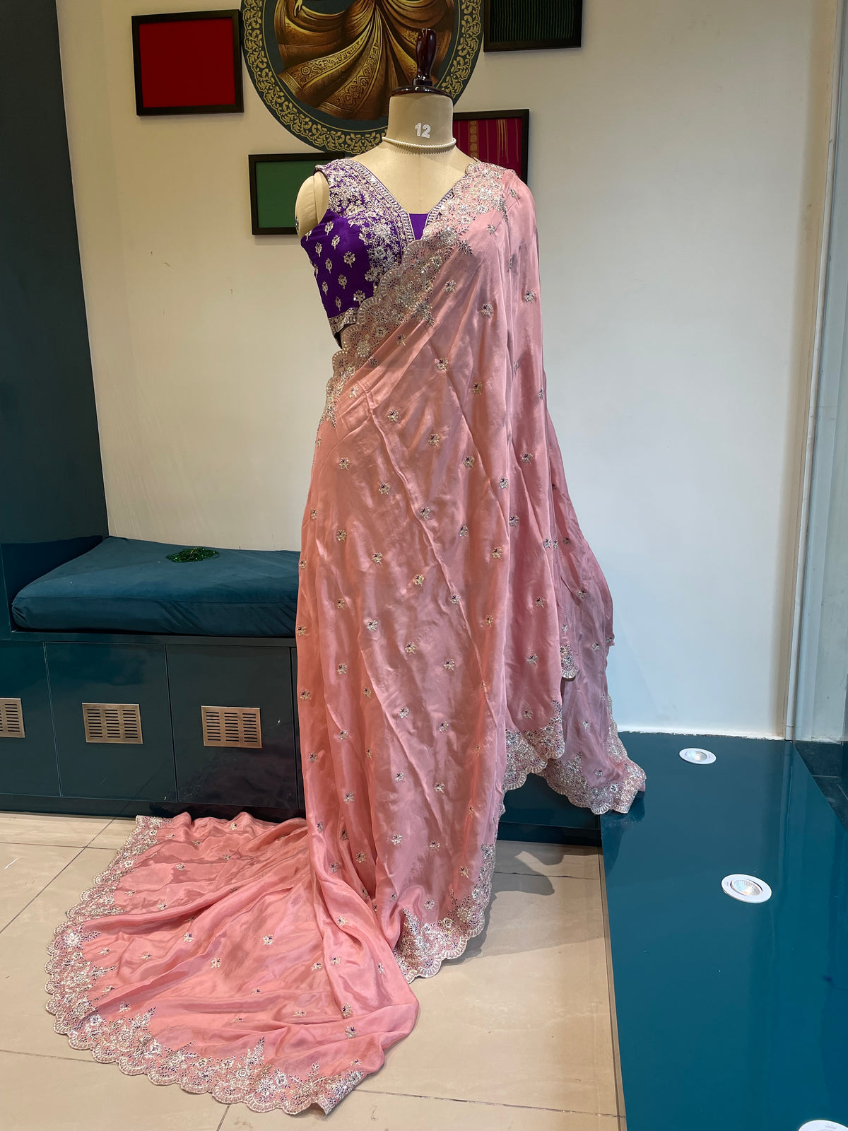 Pastel Pink Handwork Stitched Blouse Designer Party Saree