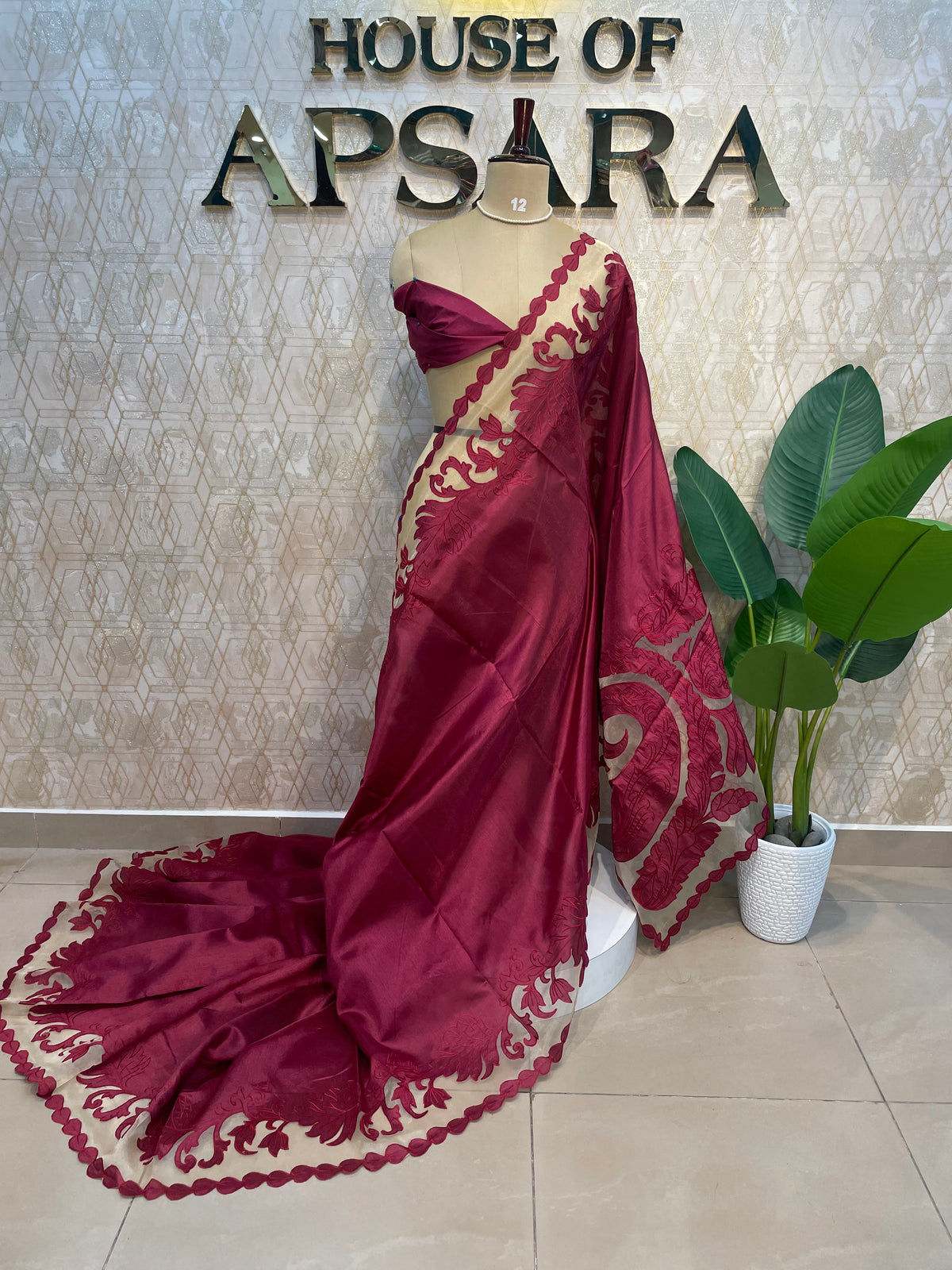 Maroon Tissue Aplique Embroidery Saree 29