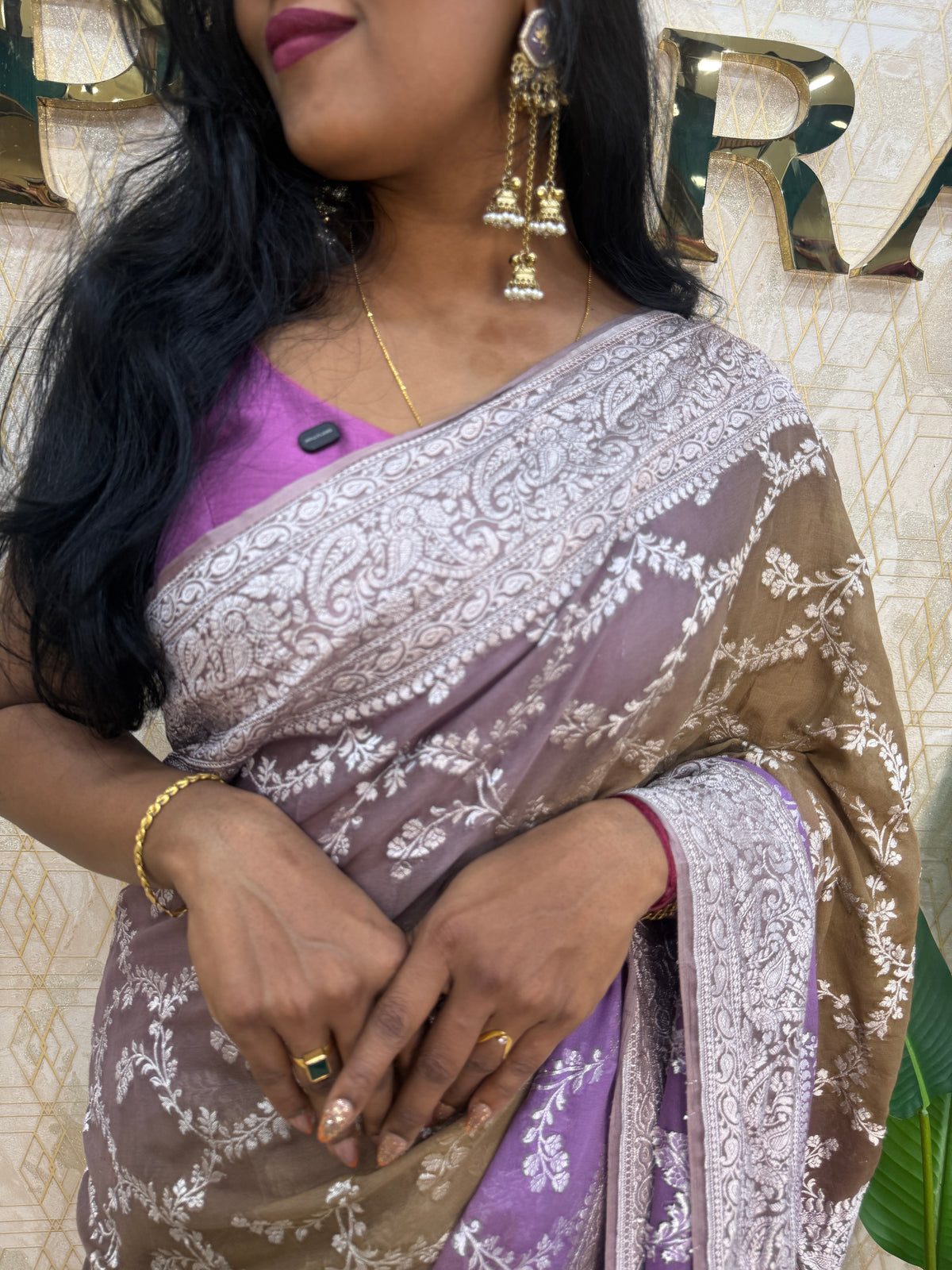 Grey n Purple Dual Shade Pure Khadi Rangkart Georgette Saree 04